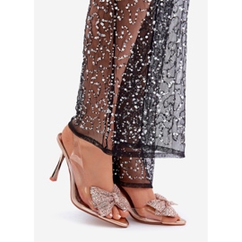 Transparente High-Heel-Sandalen mit glänzender Schleife, Roségold golden 1