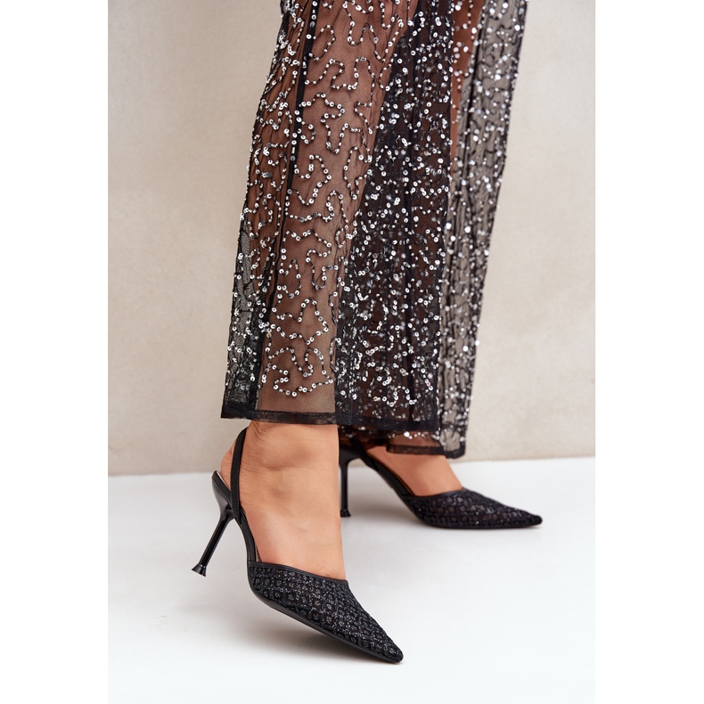 High Heels mit offenem Absatz, verziert mit schwarzem Glitzer 2