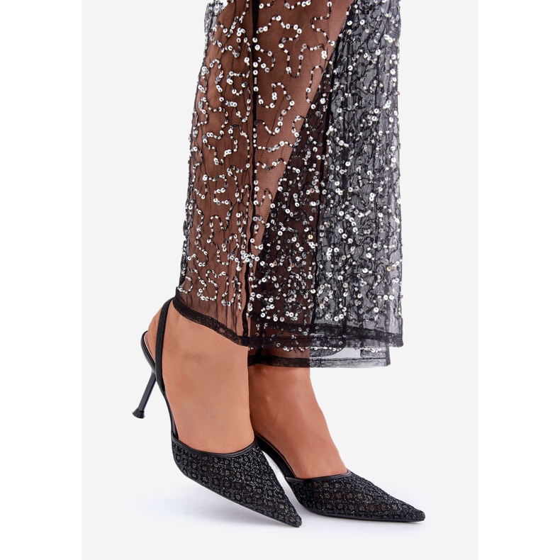 High Heels mit offenem Absatz, verziert mit schwarzem Glitzer 1