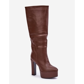 Braune Öko-Lederstiefel mit hohem Absatz und Plateau 4
