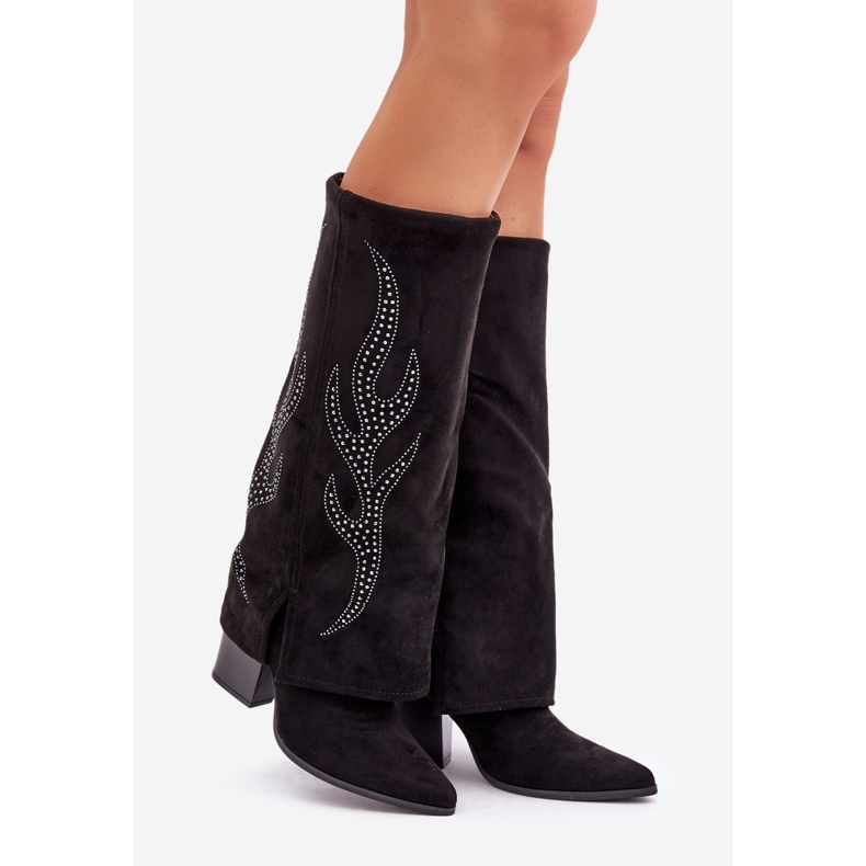 Verzierter Stiefel mit hochgeschlagenem Schaft und hohem Absatz, schwarz 1