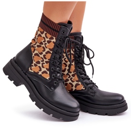 Worker-Stiefeletten für Damen mit Leopardenmuster-Socke in Schwarz von Penthis 10