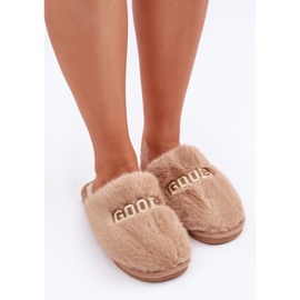 Damenhausschuhe mit Fell und Aufschrift beige 5