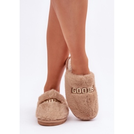 Damenhausschuhe mit Fell und Aufschrift beige 3
