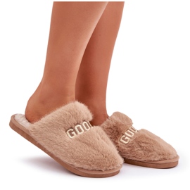 Damenhausschuhe mit Fell und Aufschrift beige 6