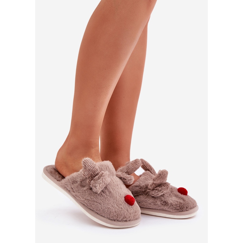Damen-Hausschuhe aus Fell mit Rentiermuster, Dunkelbeige 1