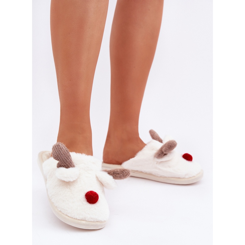 Fellhausschuhe für Damen mit Rentiermotiv, Weiß 2