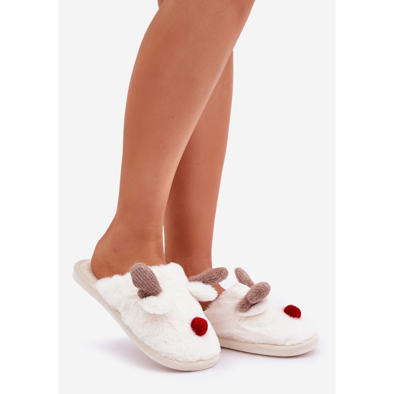 Fellhausschuhe für Damen mit Rentiermotiv, Weiß 1