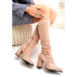 Bestelle Öko-Wildlederstiefel mit Blockabsatz, beige 4