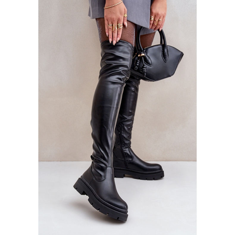 Damen-Overknee-Stiefel auf Plateau, schwarz 1