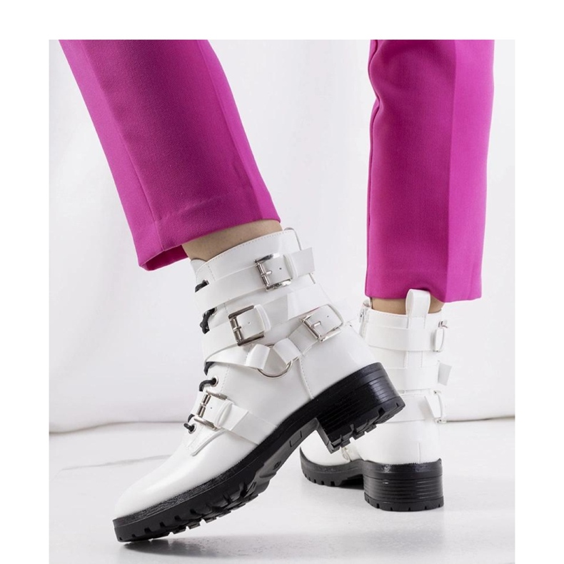 Damenstiefeletten mit Reißverschluss und Schnallen, weiß 2