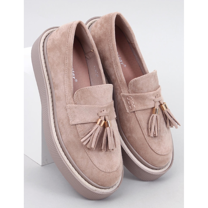 Beige Plateau-Loafer mit Fransen 1