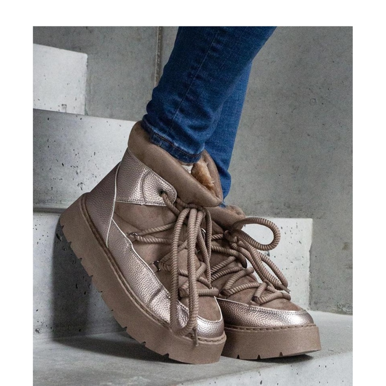 Mit Fell isolierte Plateau-Schneestiefel beige 2