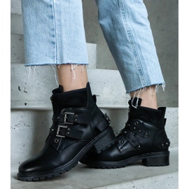 Schwarze, mit Nieten verzierte Stiefeletten mit flachem Absatz 2