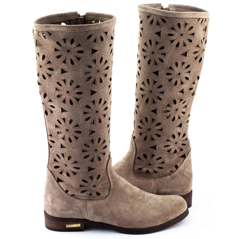 Olivier Durchbrochene Damenstiefel mit Blumen, dunkelbeige 4