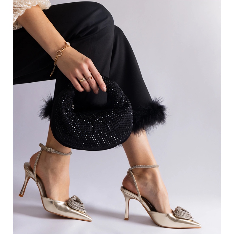 Goldene High Heels mit offenem Absatz, verziert mit Zirkonen 2