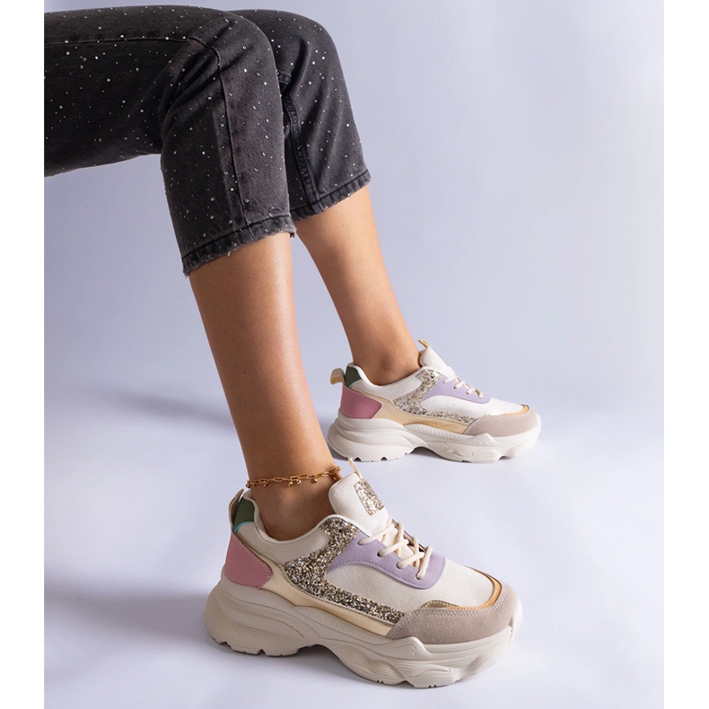 Mehrfarbige Turnschuhe mit Glitzereinsätzen Beige 1
