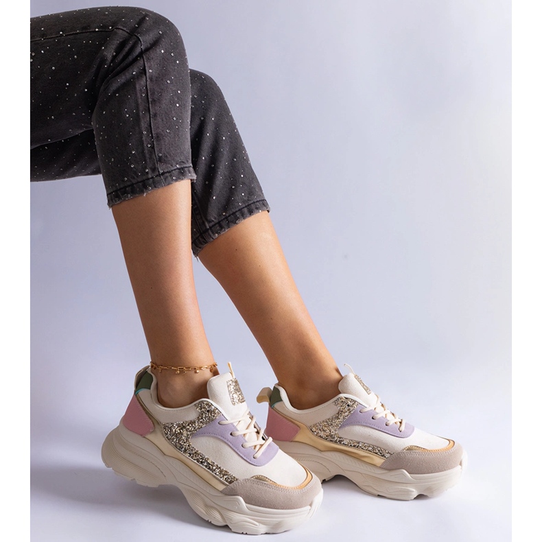 Mehrfarbige Turnschuhe mit Glitzereinsätzen Beige 2