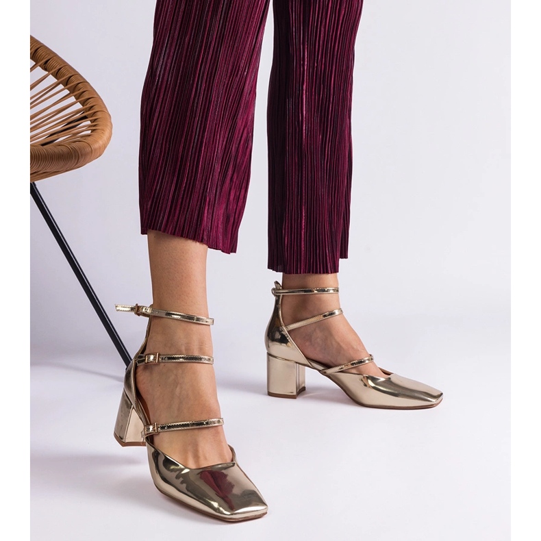 Goldene Pumpen, die auf einer Säule mit Schnallen lackiert sind 1