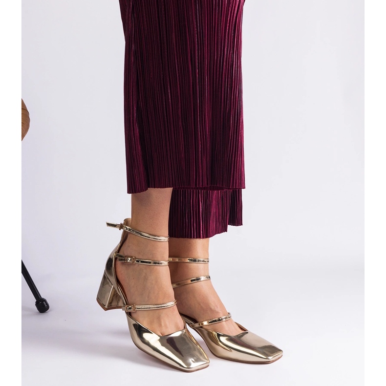 Goldene Pumpen, die auf einer Säule mit Schnallen lackiert sind 2