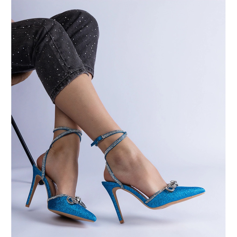 Blaue Glitzer-High-Heels mit Schleife und Zirkonen 1