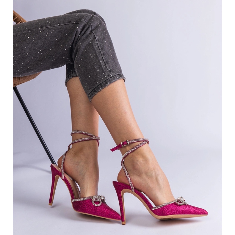 Rosa glitzernde High Heels mit Schleife und Strasssteinen 1