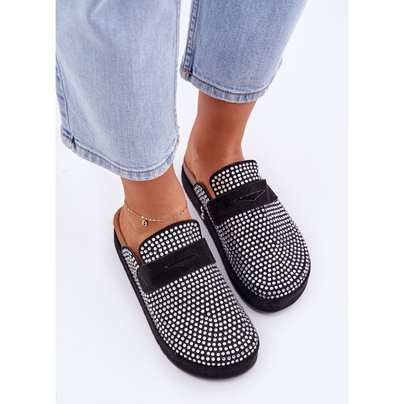 Women's Flip Flops mit Zirkonen auf der schwarzen Plattform dekoriert 2