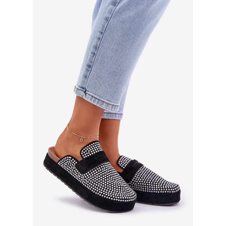 Women's Flip Flops mit Zirkonen auf der schwarzen Plattform dekoriert 1