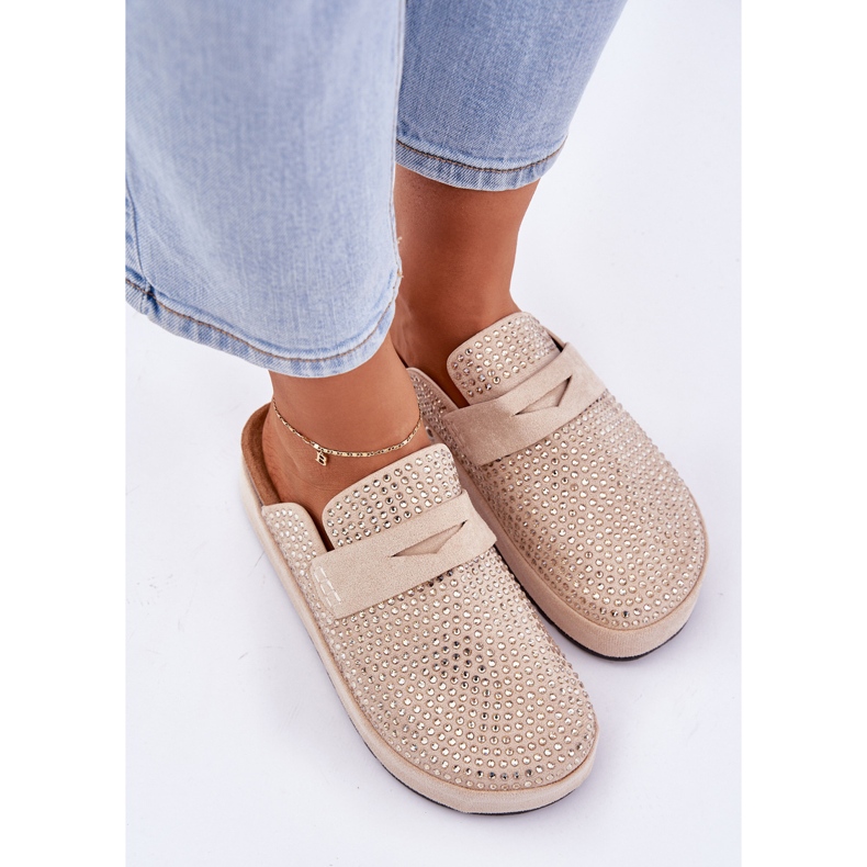 Pantoffeln für Frauen mit Zirkonen auf der Plattform Beige 2