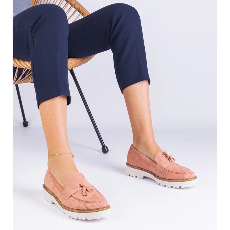 Mokassins für rosa Frauen aus Ekozamsz mit Fransen 1