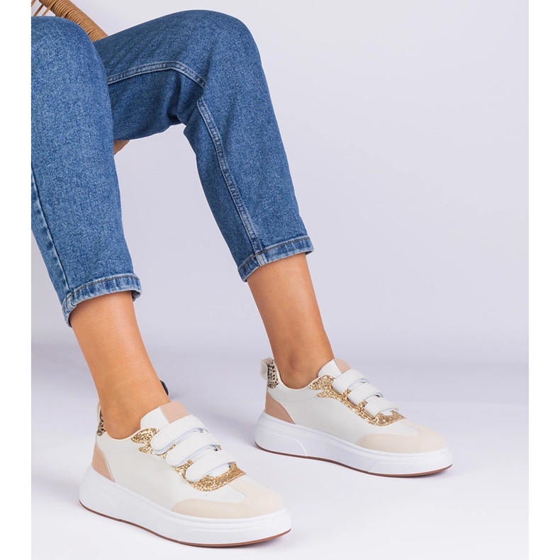 Beige Damen -Sneaker für Klettverschlüsse mit Glitzer dekoriert 1