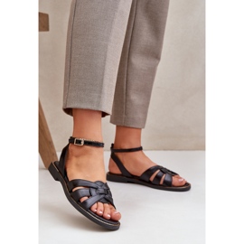 Frauen Ledersandalen mit flachen Absätzen Zazoo 3688 Schwarz 2