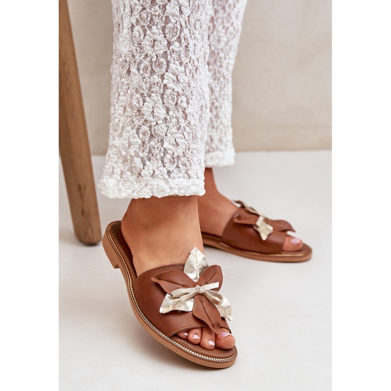 Hausschuhe mit Dekoration natürliches Leder Zazoo 3574/Z Kamel braun 2