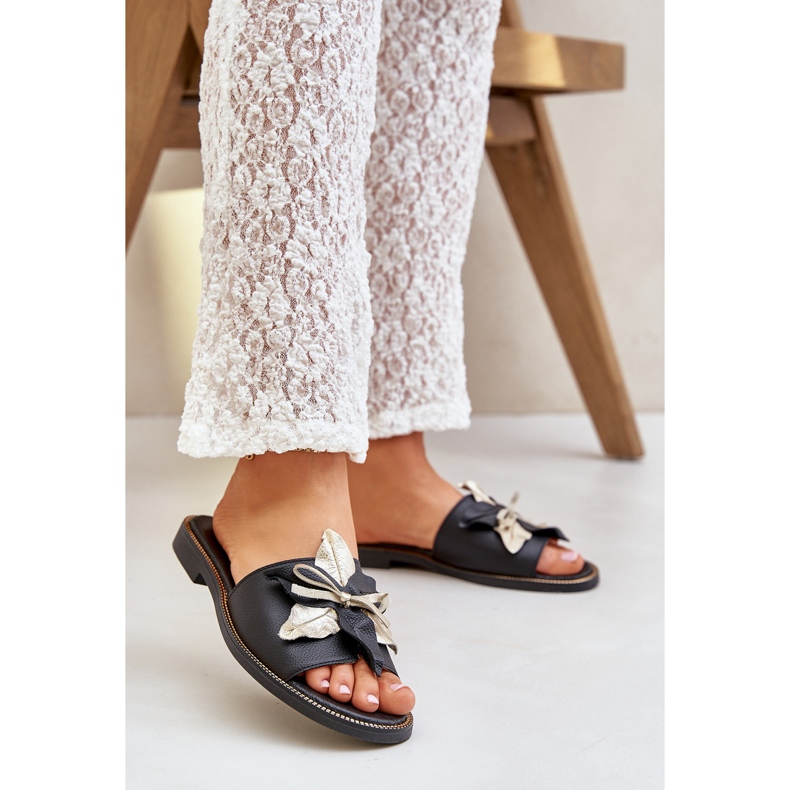 Hausschuhe mit Dekoration natürliches Leder Zazoo 3574/Z Schwarz 2