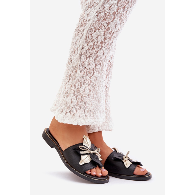 Hausschuhe mit Dekoration natürliches Leder Zazoo 3574/Z Schwarz 1