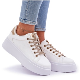 Turnschuhe auf einer Plattform mit dekorativen Schnürsenkel Weiß und Gold 9