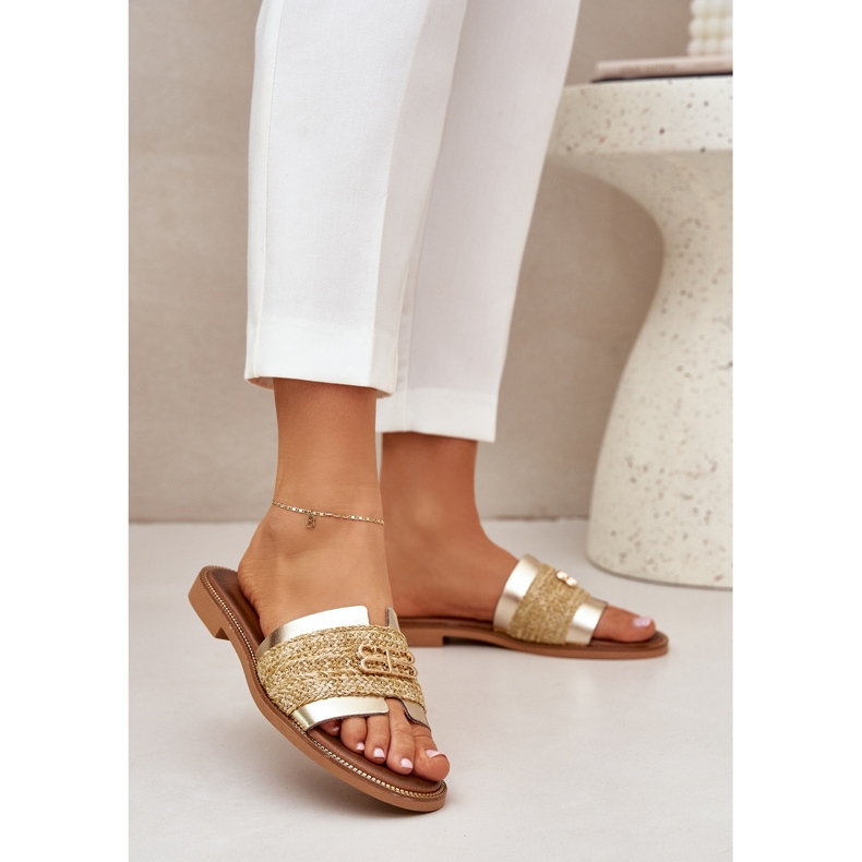 Lederflip flops mit dekorativem Detail und einem Zazoo 40426 Zloty -Geflecht golden 2