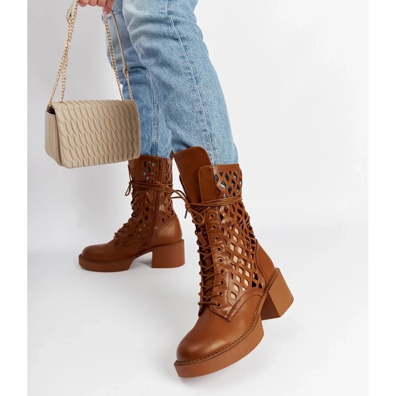 D/CEO Braune durchbrochene Stiefel mit hohen Absätzen von Visalia 2