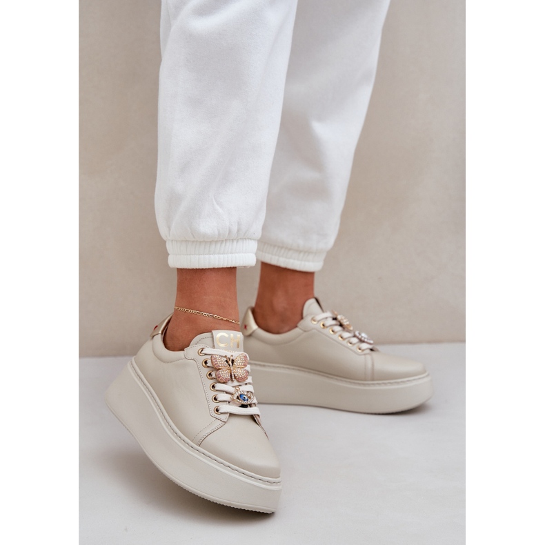 Damen -Leder -Sneaker für Frauen auf der Plattform mit Chebello 4292 Leichte Bettlerdekorationen beige 2