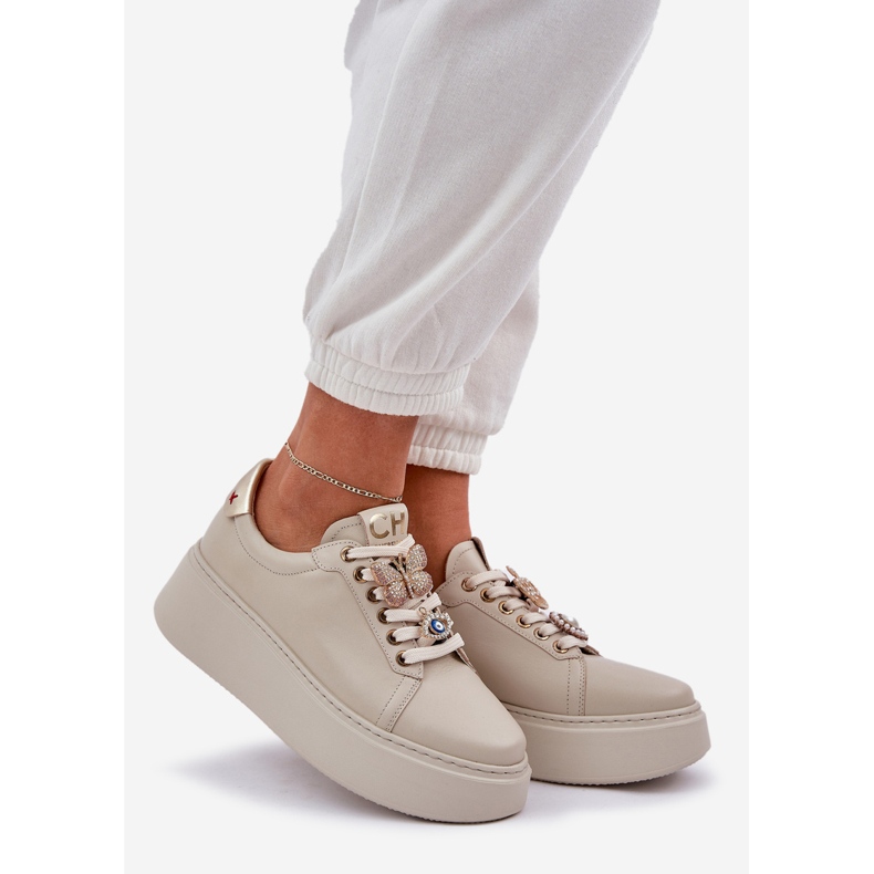 Damen -Leder -Sneaker für Frauen auf der Plattform mit Chebello 4292 Leichte Bettlerdekorationen beige 1
