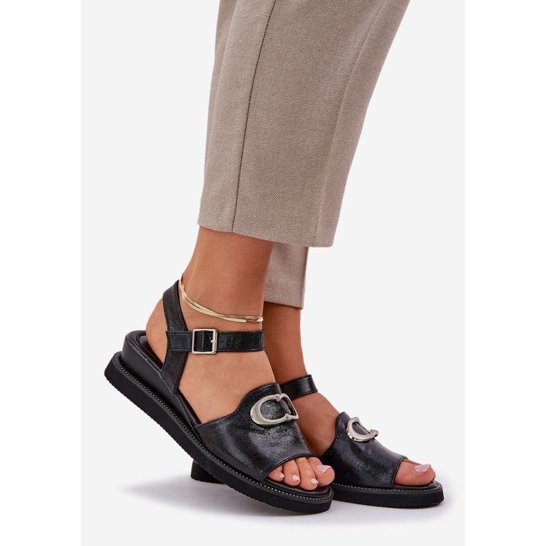 Jezzi Bemalten Frauenkeilsandalen mit einer schwarzen Dekoration 1