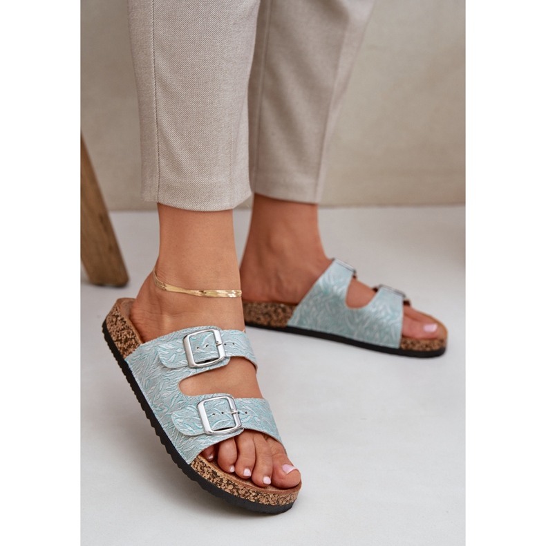 Materialflip -Flops auf einer Korkensohle mit Minzschnallen grün 2