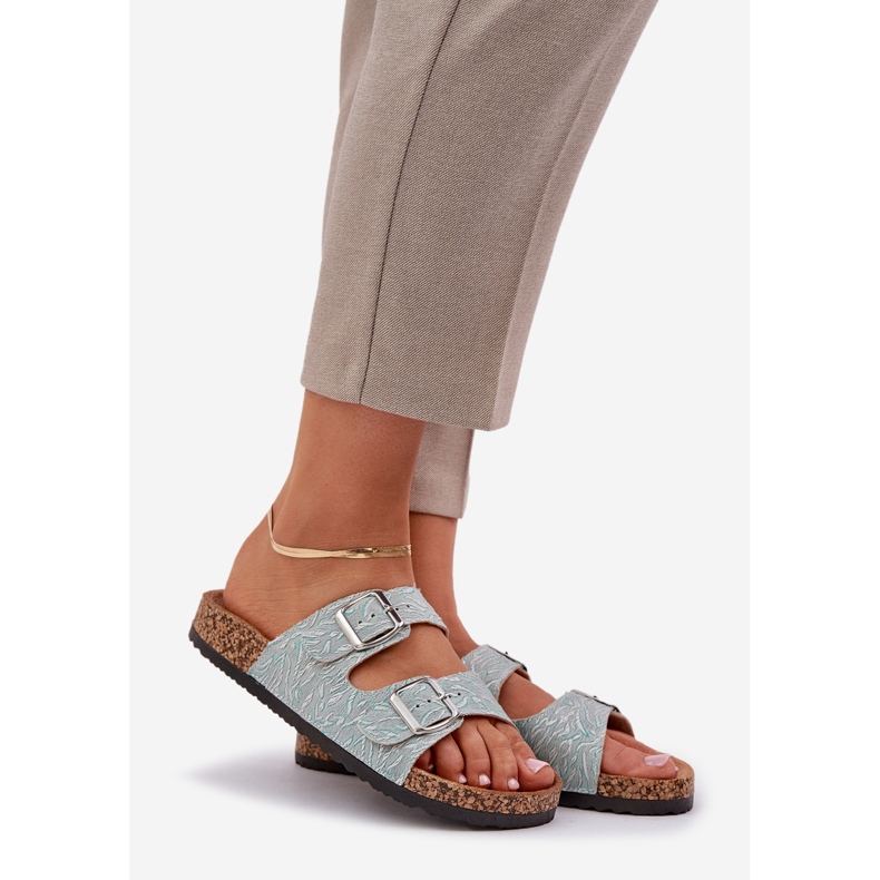 Materialflip -Flops auf einer Korkensohle mit Minzschnallen grün 1