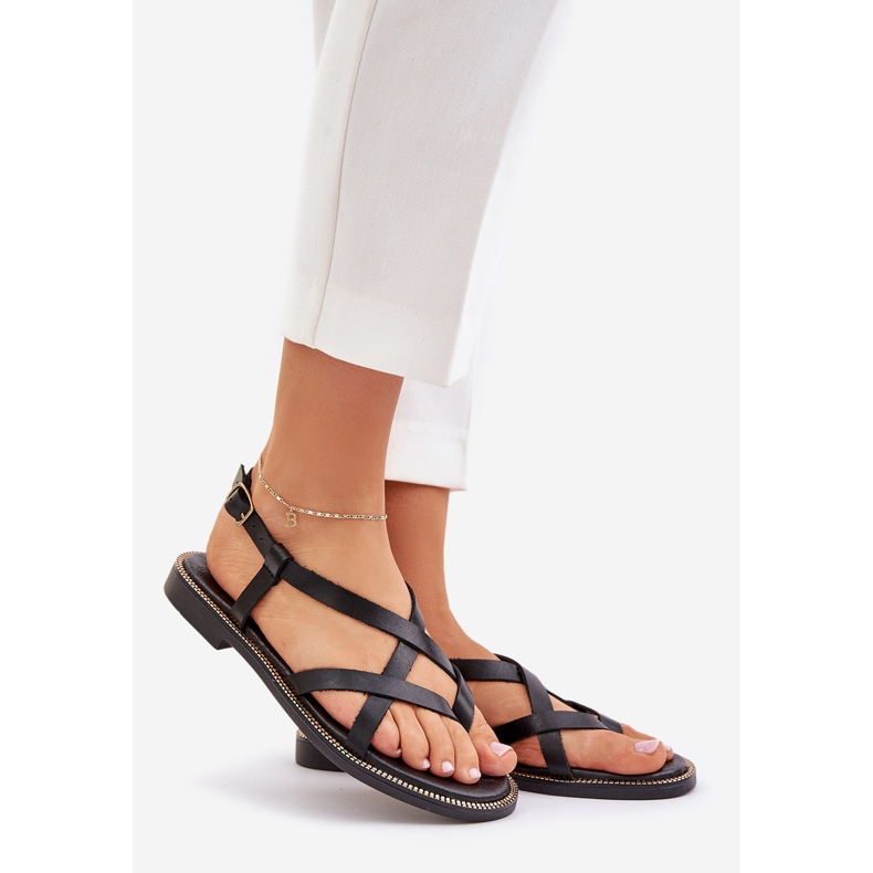 Leder flache Sandalen mit Verglühungen Zazoo 40429 Schwarze Träger 1