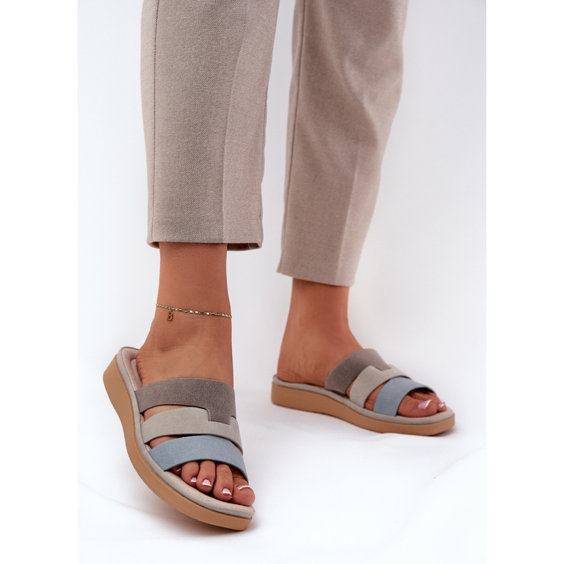 Bequeme beige-blaue Frauen-Hausschuhe 2