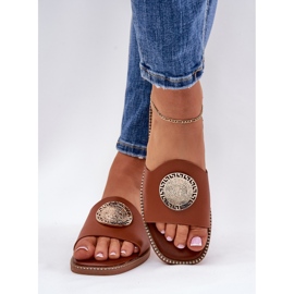 Eco Leder Flat -Windeled Flip Flops mit Kameldekoration braun 1