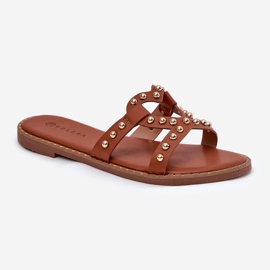 Dekorierte Flip -Flops für Frauen mit flachem Kamel braun 2