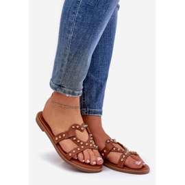 Dekorierte Flip -Flops für Frauen mit flachem Kamel braun 1