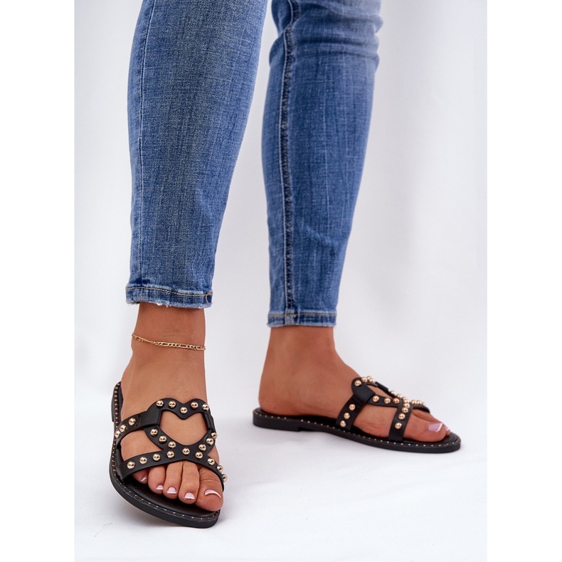 Dekorierte flache schwarze Flip -Flops für Frauen 2