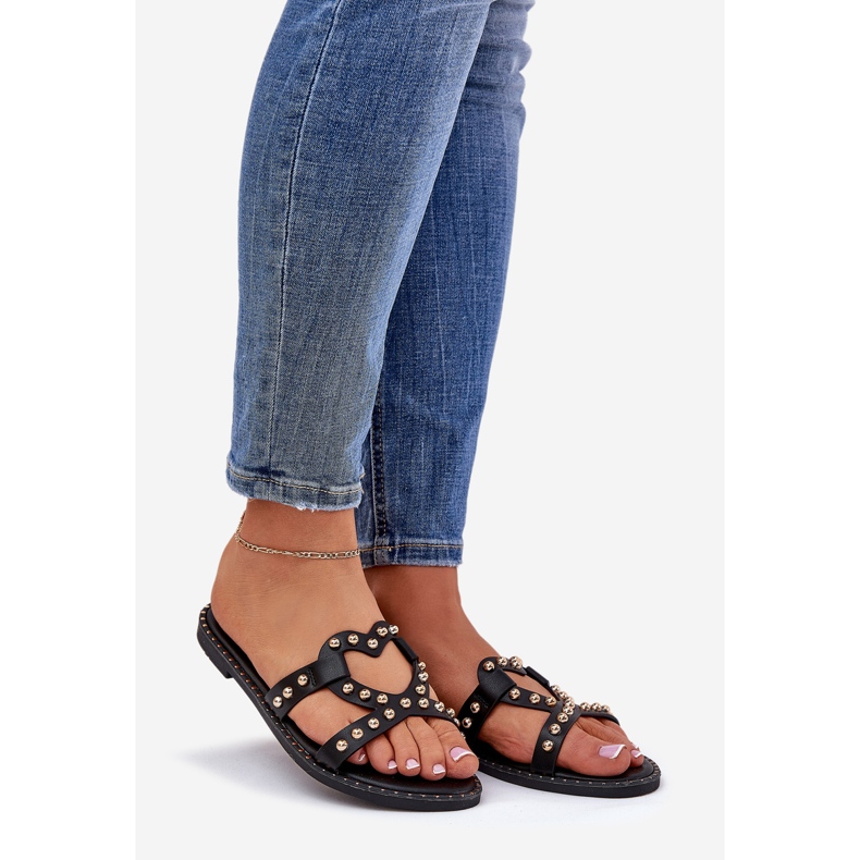 Dekorierte flache schwarze Flip -Flops für Frauen 1